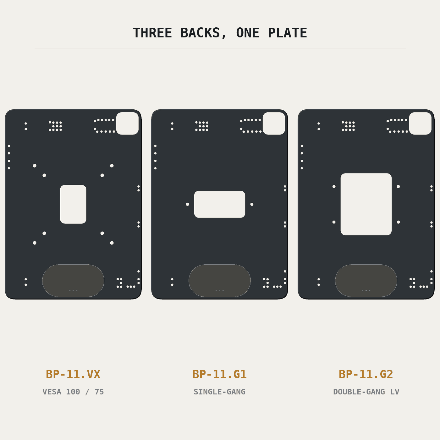 The three backs compared — VESA 100/75, single-gang, double-gang low-voltage